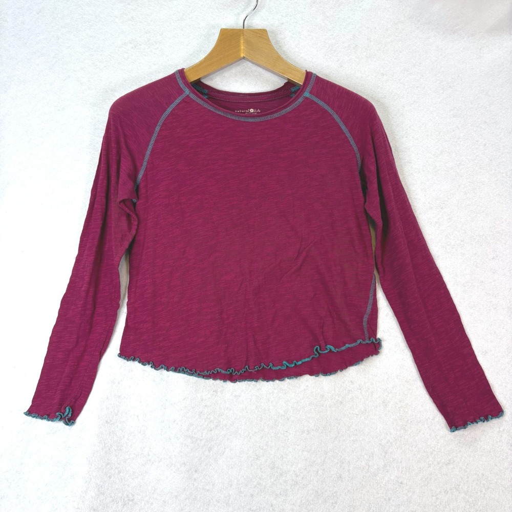 Natural Life Lettuce Edge Raglan Top Magenta Womens Medium Boho Slub Knit Indie